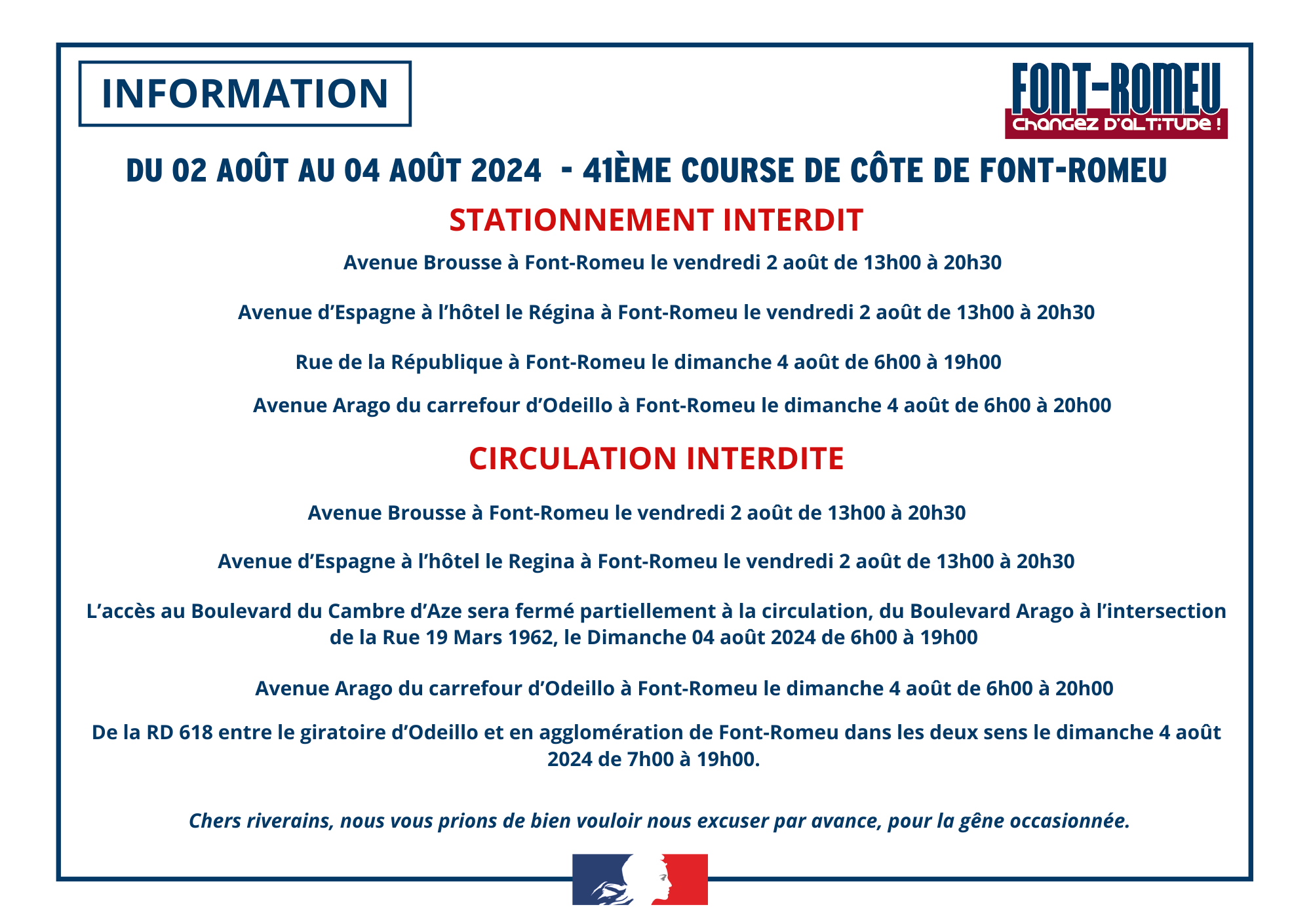 Fermetures des routes vendredi 2 août au dimanche 4 août pour la 41ème course de côte de Font-Romeu.