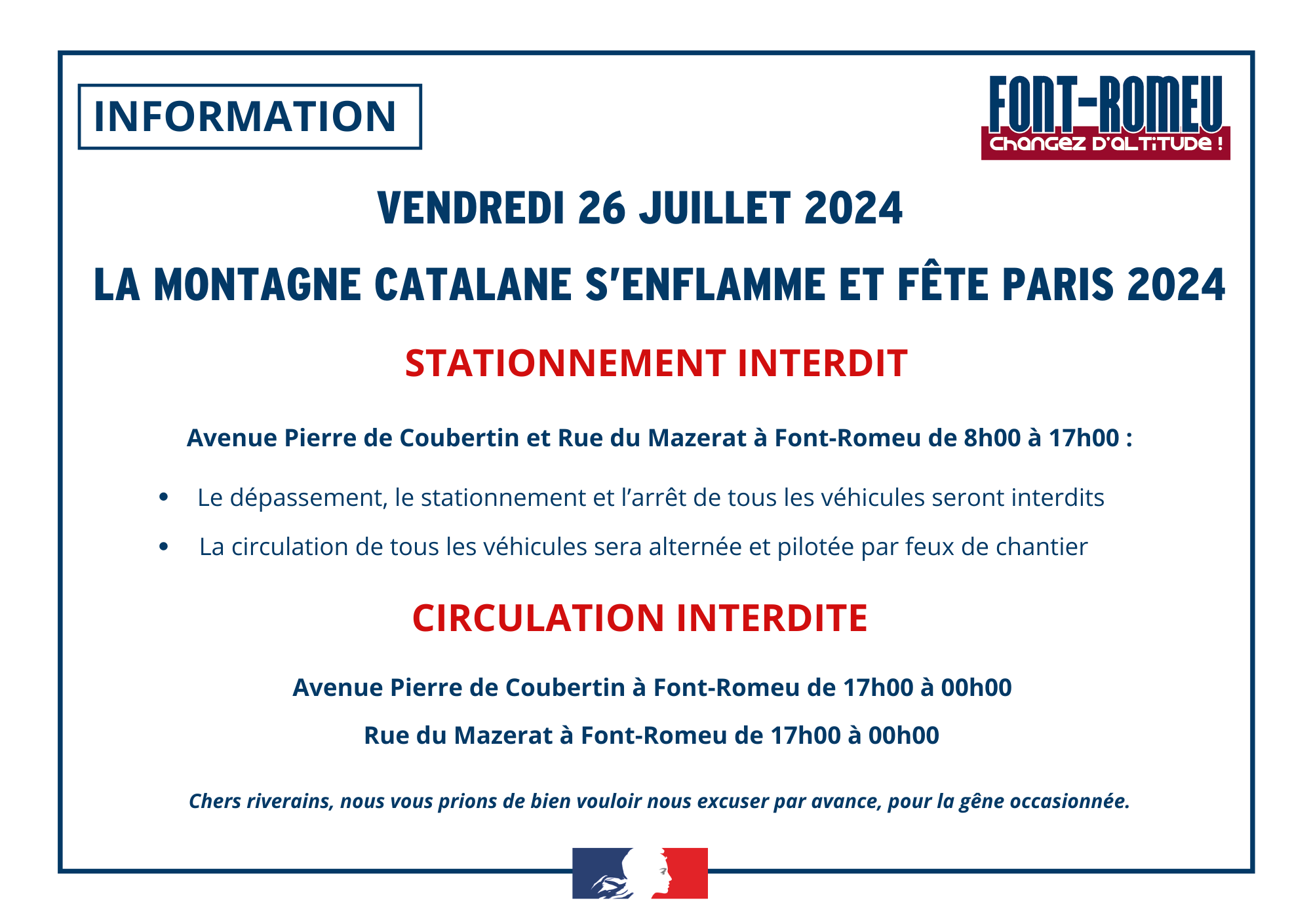 Fermeture des routes le 26 Juillet 2024